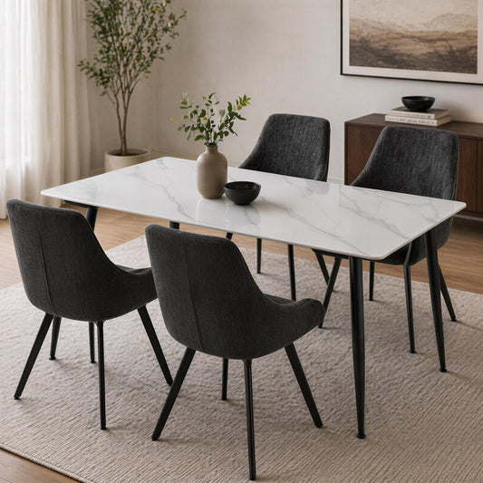 Monaco White Sintered Stone Dining Table With 4 Black Chenille Swivel Chairs