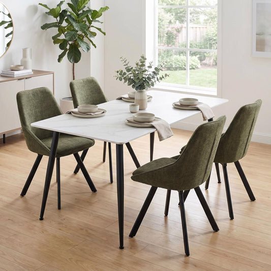 Monaco White Sintered Stone Dining Table With 4 Green Chenille Swivel Chairs