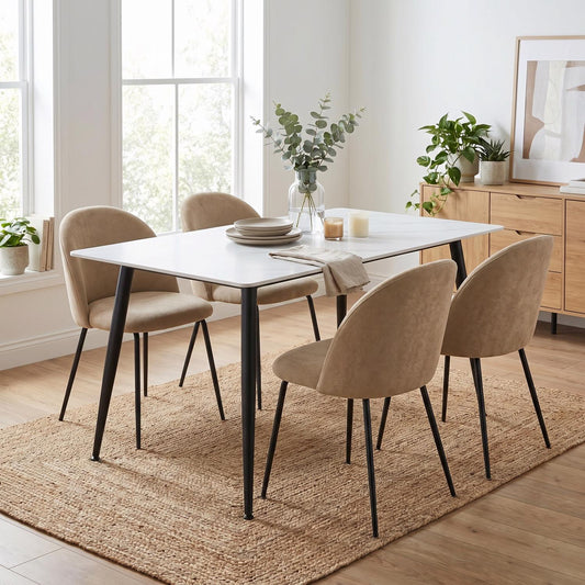 Monaco White Sintered Stone Dining Table With 4 Flaxen Upholstered Chairs