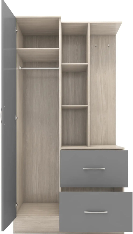 Nevada Mirrored Open Shelf Wardrobe Grey Glosslight Oak Effect Veneer 2021 (1)
