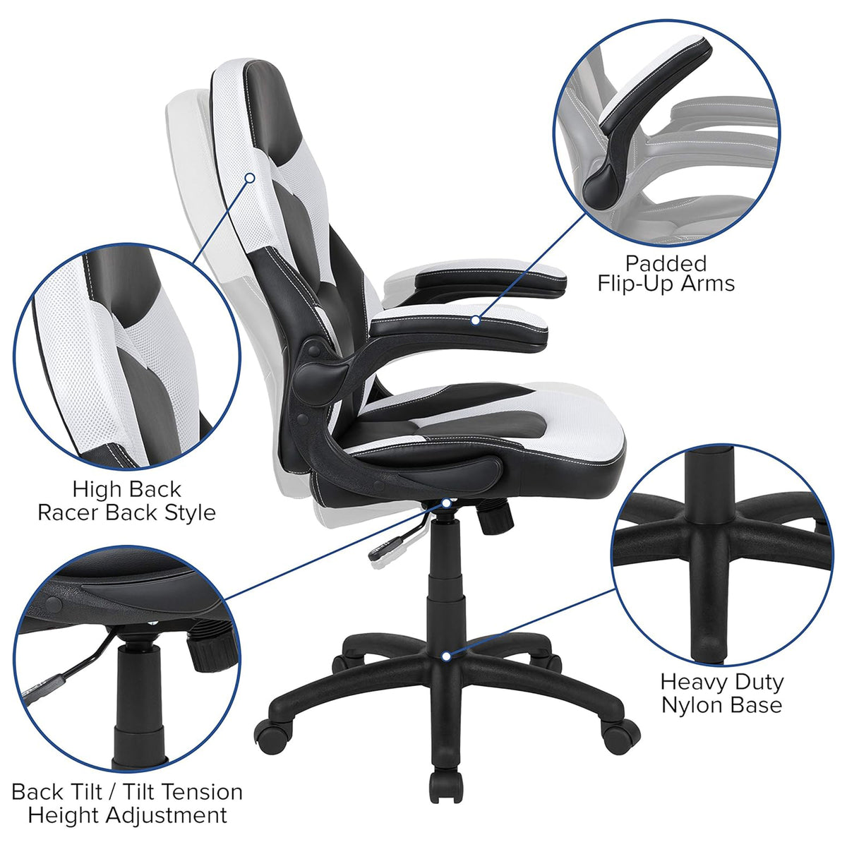 Black & White Faux Leather Racer Style Gaming Office Chair