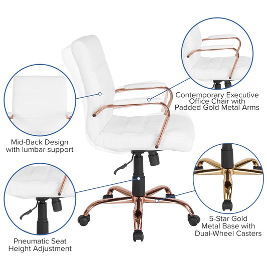 White & Rose Gold Faux Leather Low Back Designer Office Chair