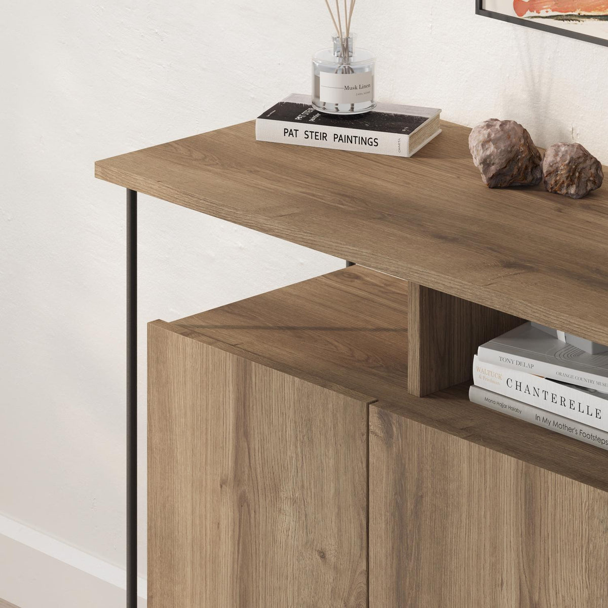 Cornea 2 Door Sideboard Buffet Unit Dark Oak with Open Shelf & Black Metal Frame