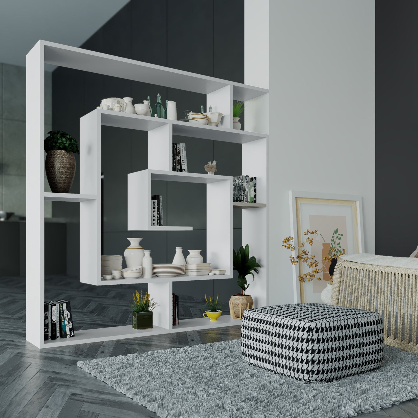 Labirent Modern Bookcase Display Unit White 129cm High