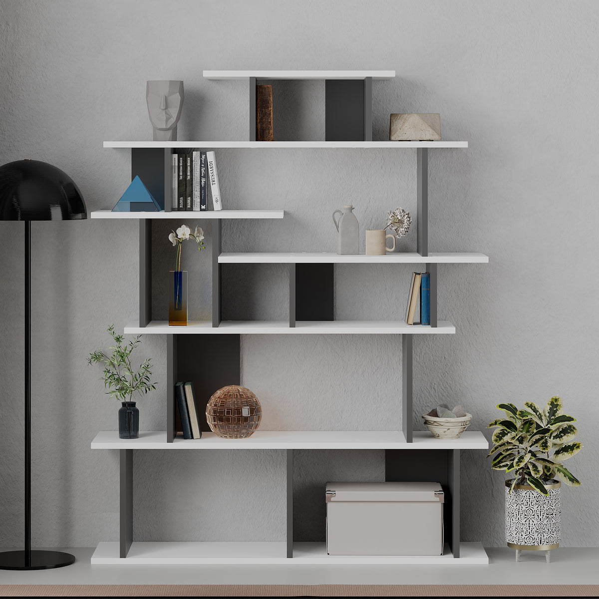 Apollon Modern Bookcase Display Unit White Anthracite Grey Medium 149cm