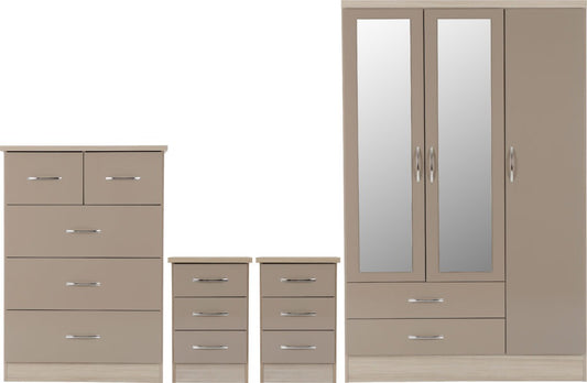 Nevada 3 Door 2 Drawer Mirrored Wardrobe Bedroom Set – Multiple Finishes