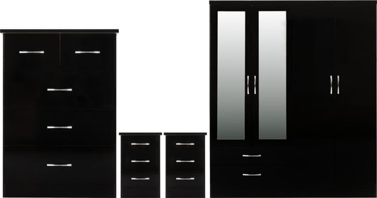 Nevada 4 Door 2 Drawer Mirrored Wardrobe Bedroom Set – Available in Multiple Finishes