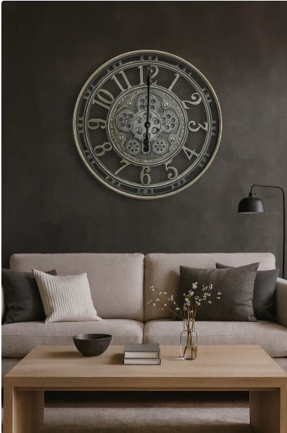 Open Face Gear Wall Clock - Silver