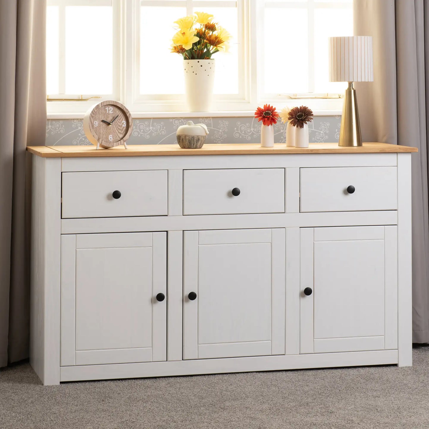 Panama 3 Door 3 Drawer Sideboard Whitenatural Wax 2023 08