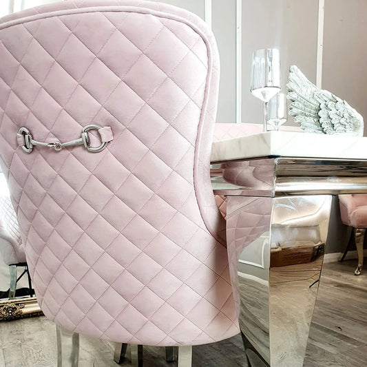 Kate Dining Chair Pink Velvet with Chrome Clasp & Quilted Back