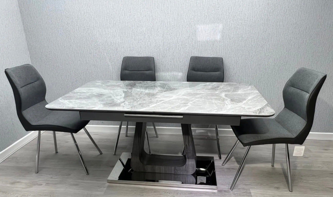 Modern Grey Marble Dining Table & 4 Grey Dining Chairs – The Perfect Blend of Style & Comfort