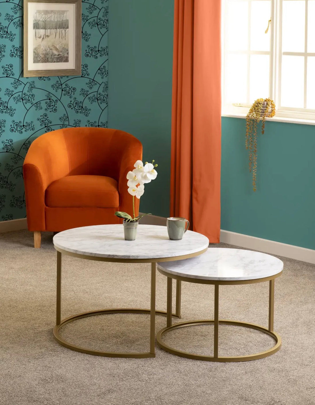 Dallas Round Coffee Table Set Marble/Gold Effect | Elegant Nesting Tables for Modern Living Rooms
