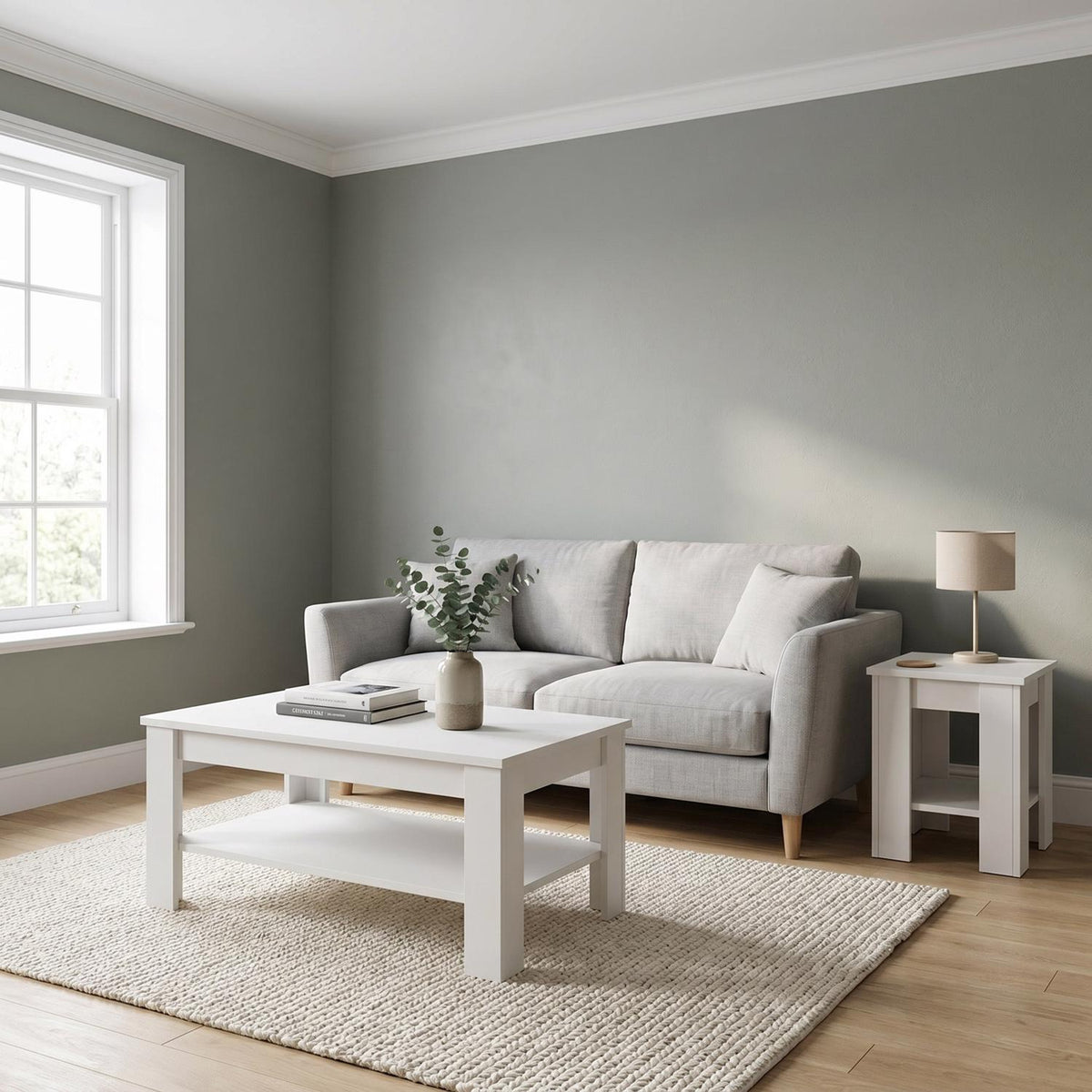 Promo White Coffee & Lamp Table Set