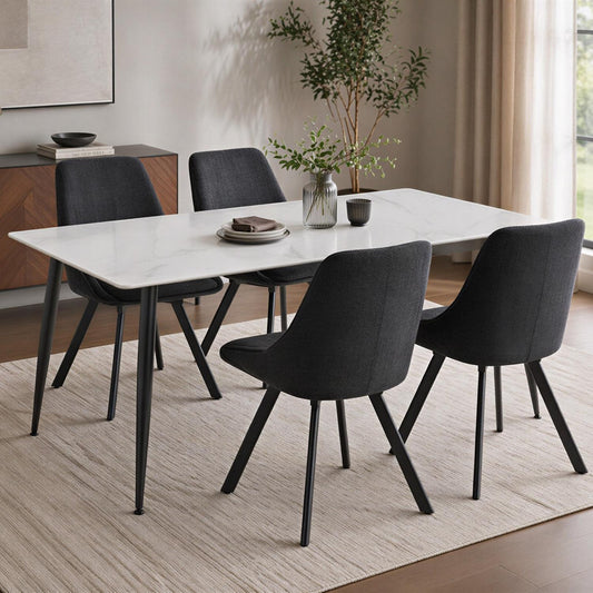 Monaco White Sintered Stone Dining Table With 4 Black Chenille Swivel Chairs