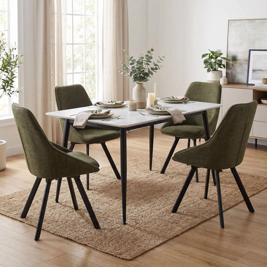 Monaco White Sintered Stone Dining Table With 4 Green Chenille Swivel Chairs