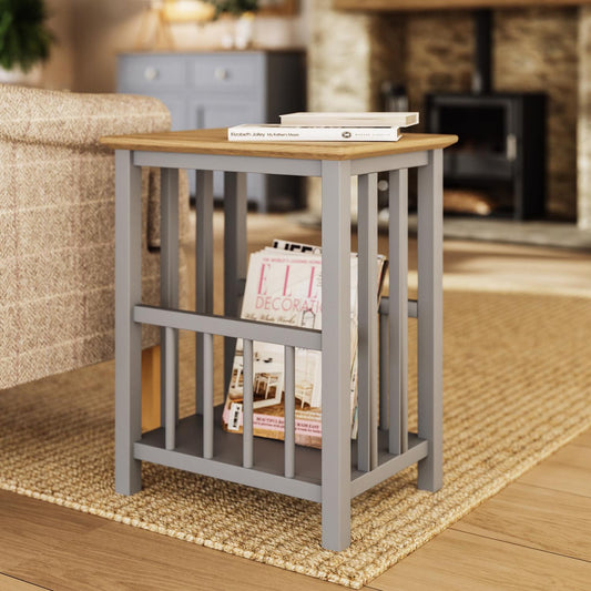 Taberno Oak Magazine Rack Turntable Stand Dove Grey