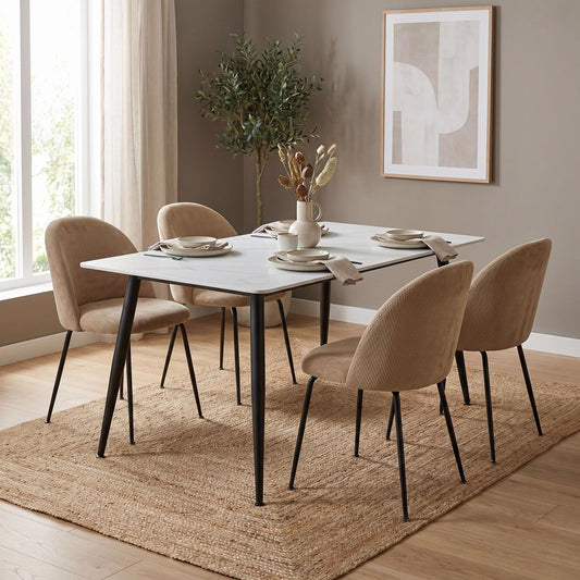 Monaco White Sintered Stone Dining Table With 4 Flaxen Upholstered Chairs