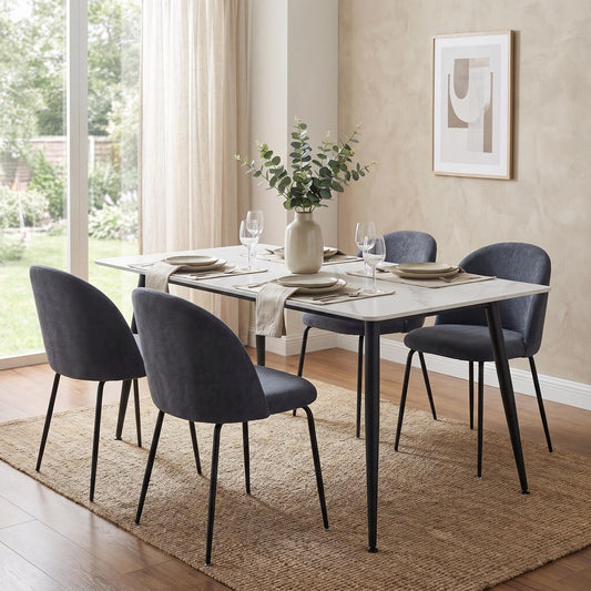 Monaco White Sintered Stone Dining Table With 4 Steel Blue Upholstered Chairs