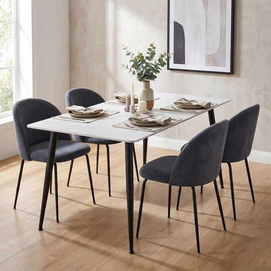 Monaco White Sintered Stone Dining Table With 4 Steel Blue Upholstered Chairs