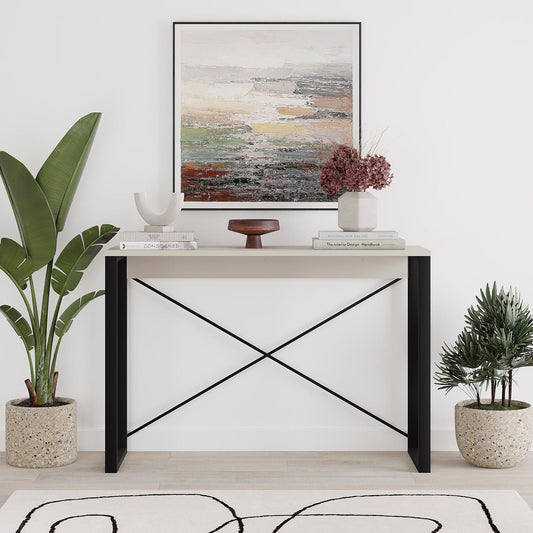 Modern Archie Console Table Sandstone 110cm with Black Metal Legs