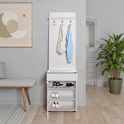 Adore White Hall Stand with Drawer, Hooks & Shoe Cupboard - Entryway Organiser