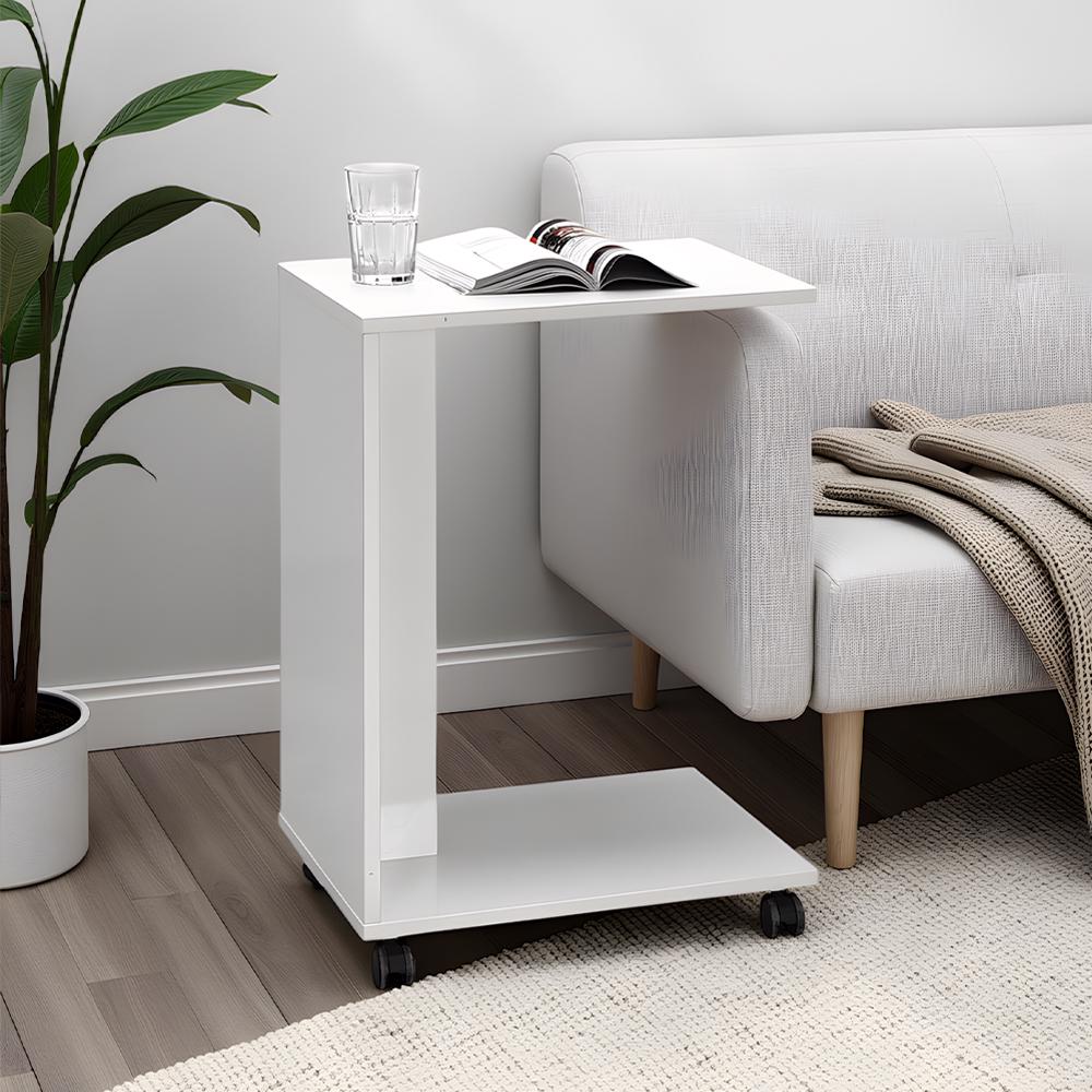 Adore Florida Matt White Sofa Laptop Table on Castors - Mobile Side Table