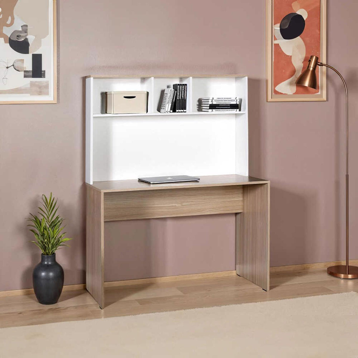 Adore Teen White & Oak Study Desk with Storage Hutch