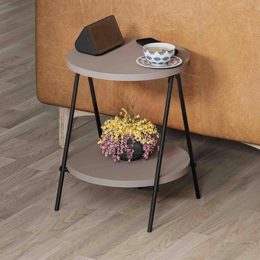 Modern Essel Industrial Style Round Side Table Mocha Grey with Black Metal Leg