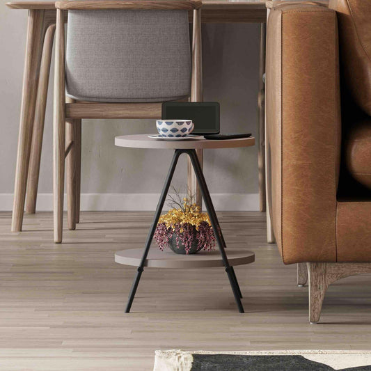 Modern Essel Industrial Style Round Side Table Mocha Grey with Black Metal Leg