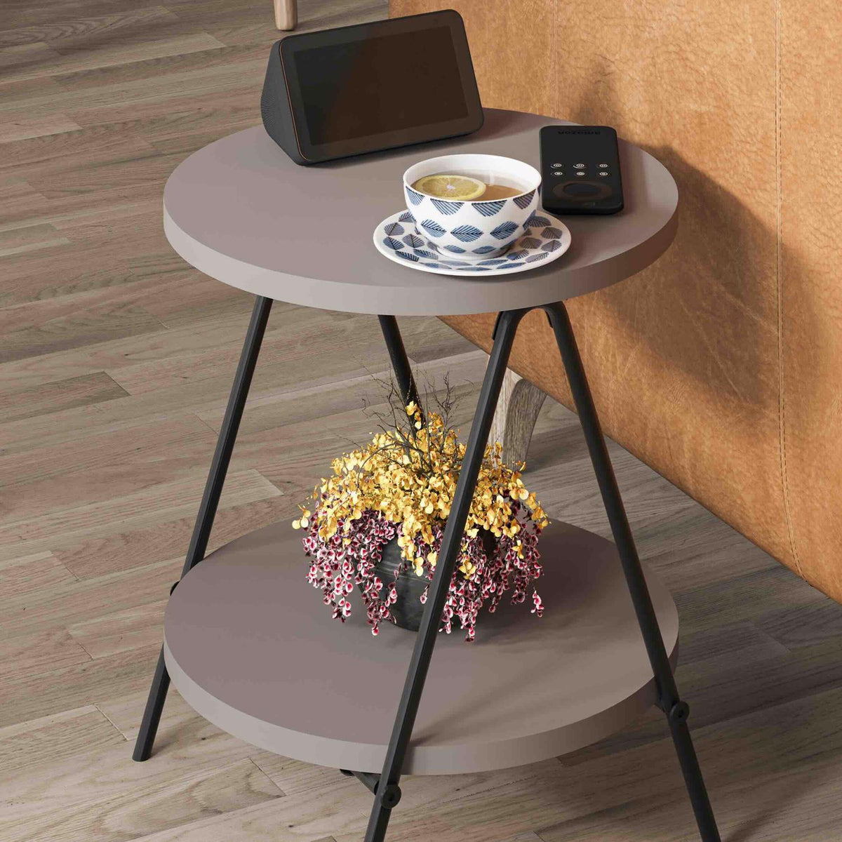 Modern Essel Industrial Style Round Side Table Mocha Grey with Black Metal Leg