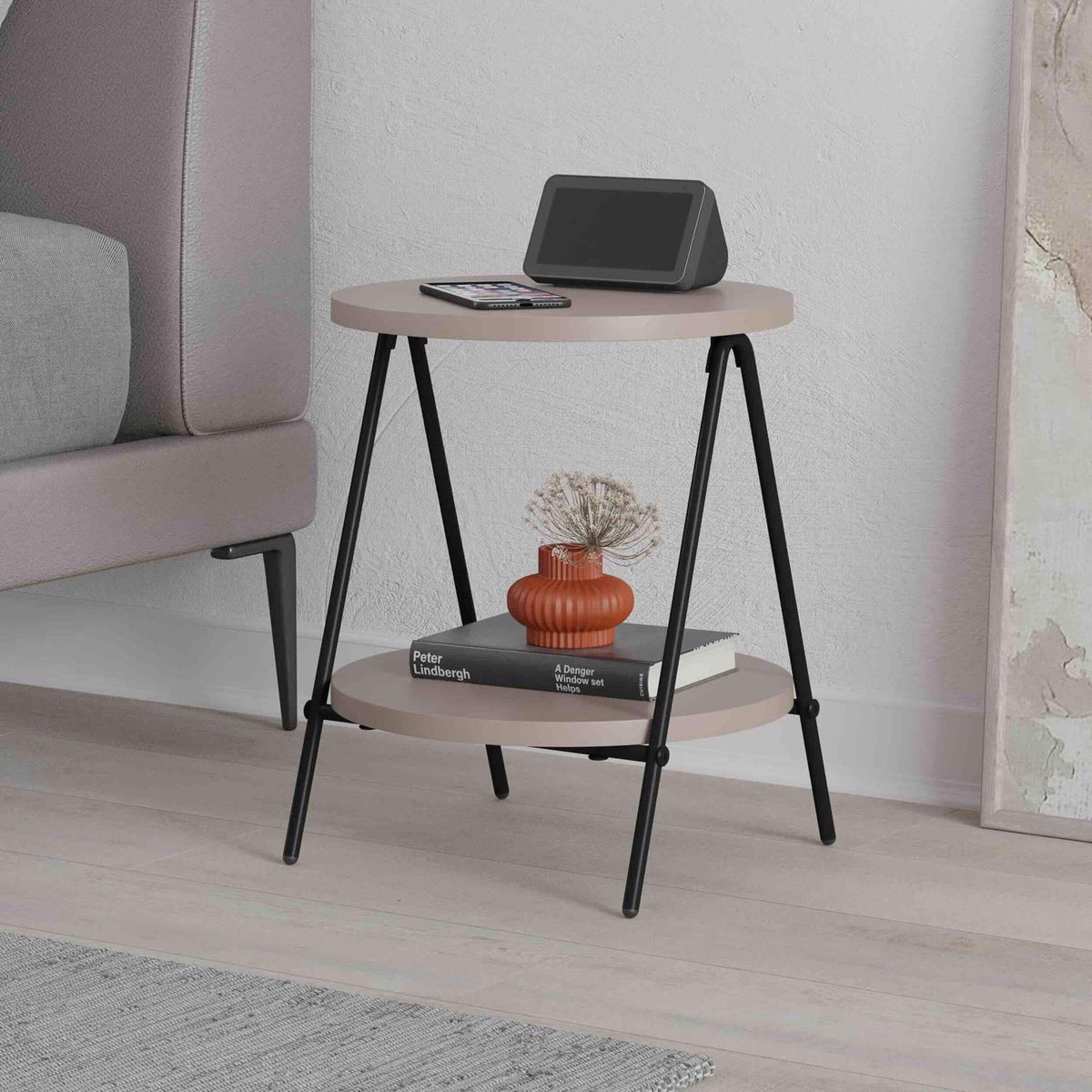 Modern Essel Industrial Style Round Side Table Mocha Grey with Black Metal Leg