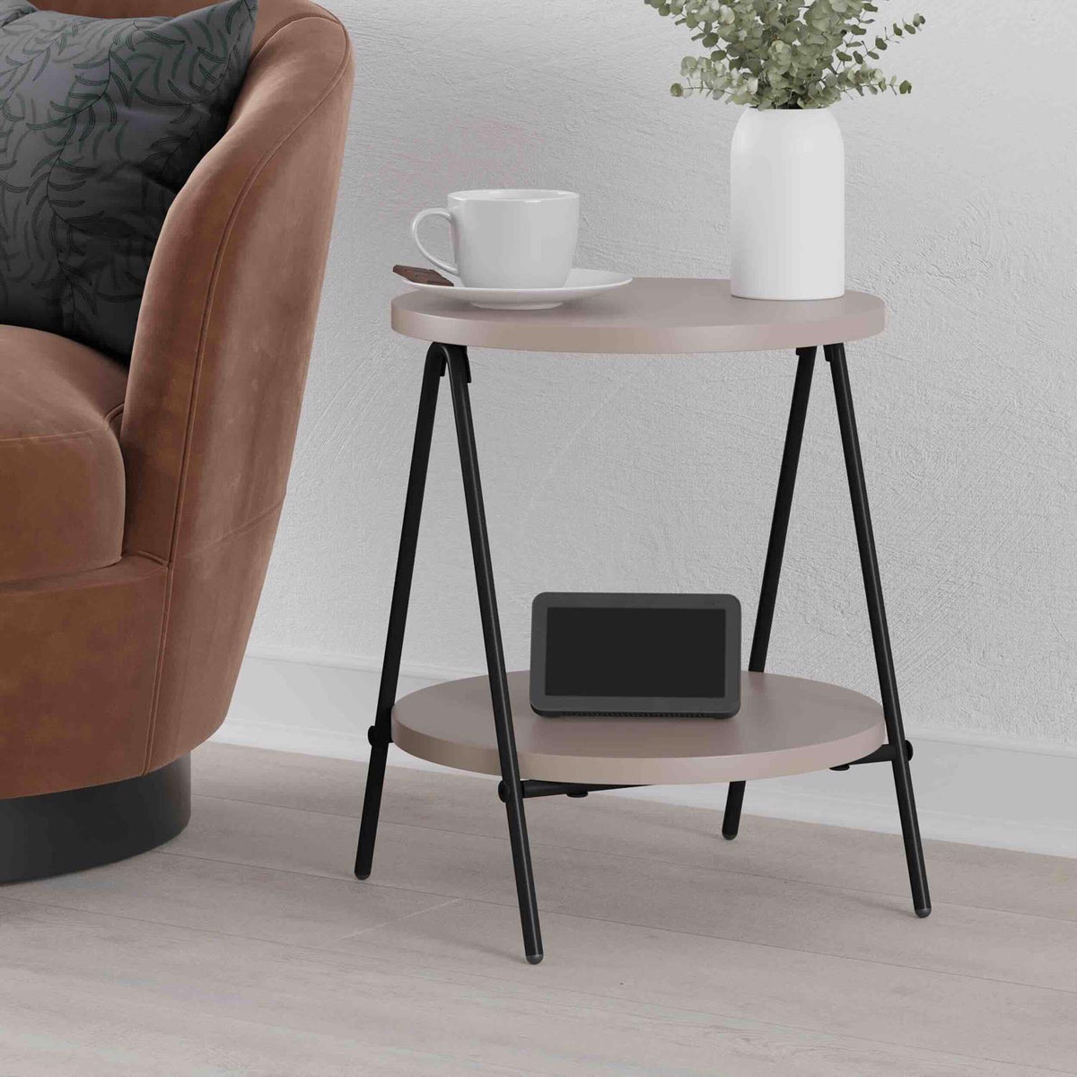 Modern Essel Industrial Style Round Side Table Mocha Grey with Black Metal Leg
