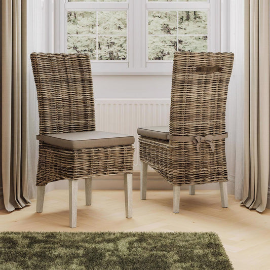 Maya Pair Of Handmade Kubu Rattan Grey Wash Dining Chair Light Legs