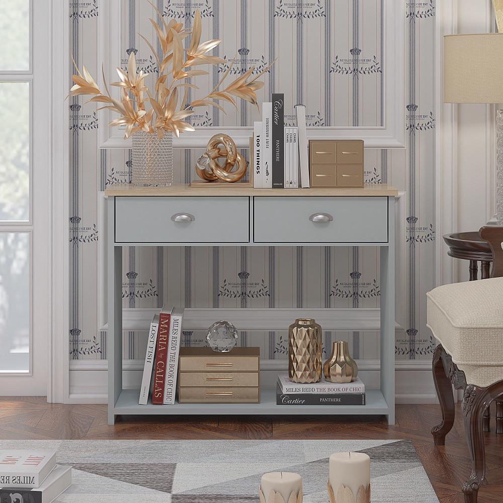 Westbury Farmhouse 2 Drawer Hallway Console Table - Matt Grey & Light Oak