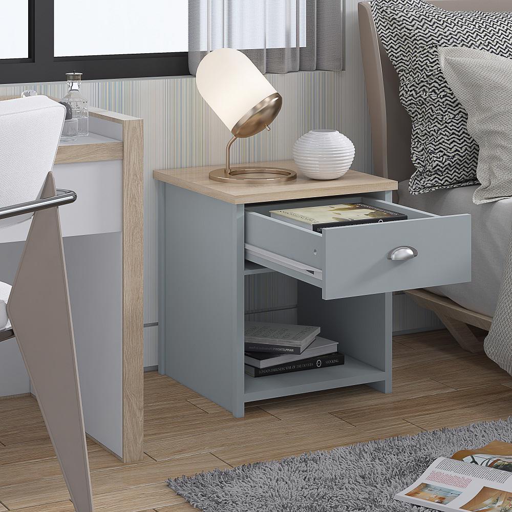 Westbury Farmhouse 1 Drawer Bedside Cabinet - Matt Grey & Light Oak