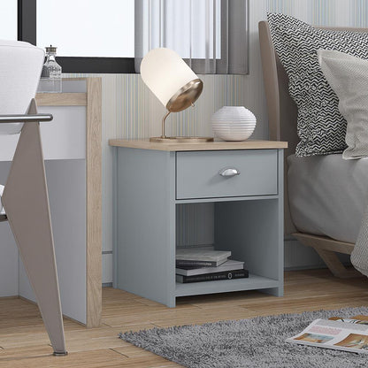 Westbury Farmhouse 1 Drawer Bedside Cabinet - Matt Grey & Light Oak