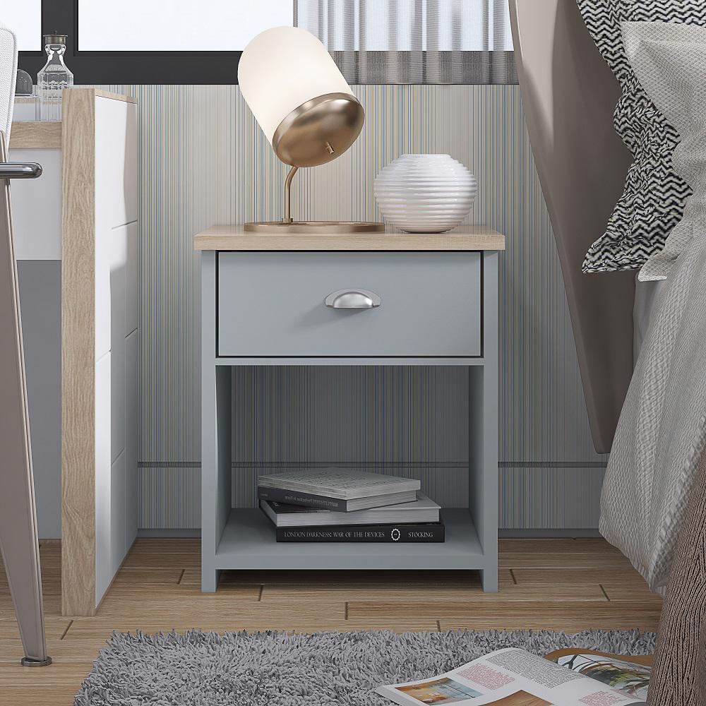 Westbury Farmhouse 1 Drawer Bedside Cabinet - Matt Grey & Light Oak