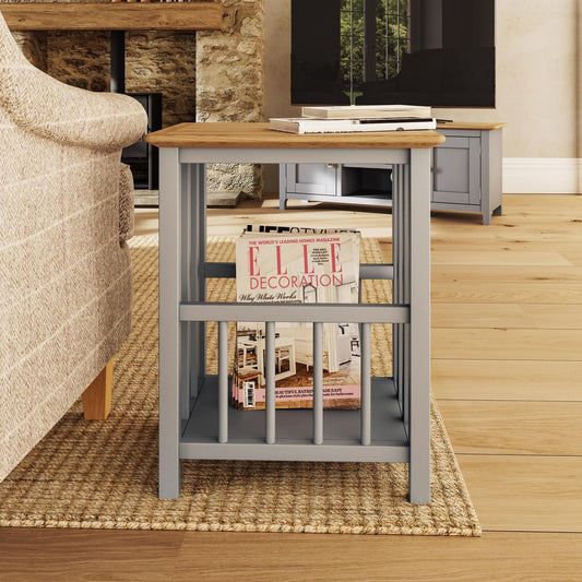 Taberno Oak Magazine Rack Turntable Stand Dove Grey