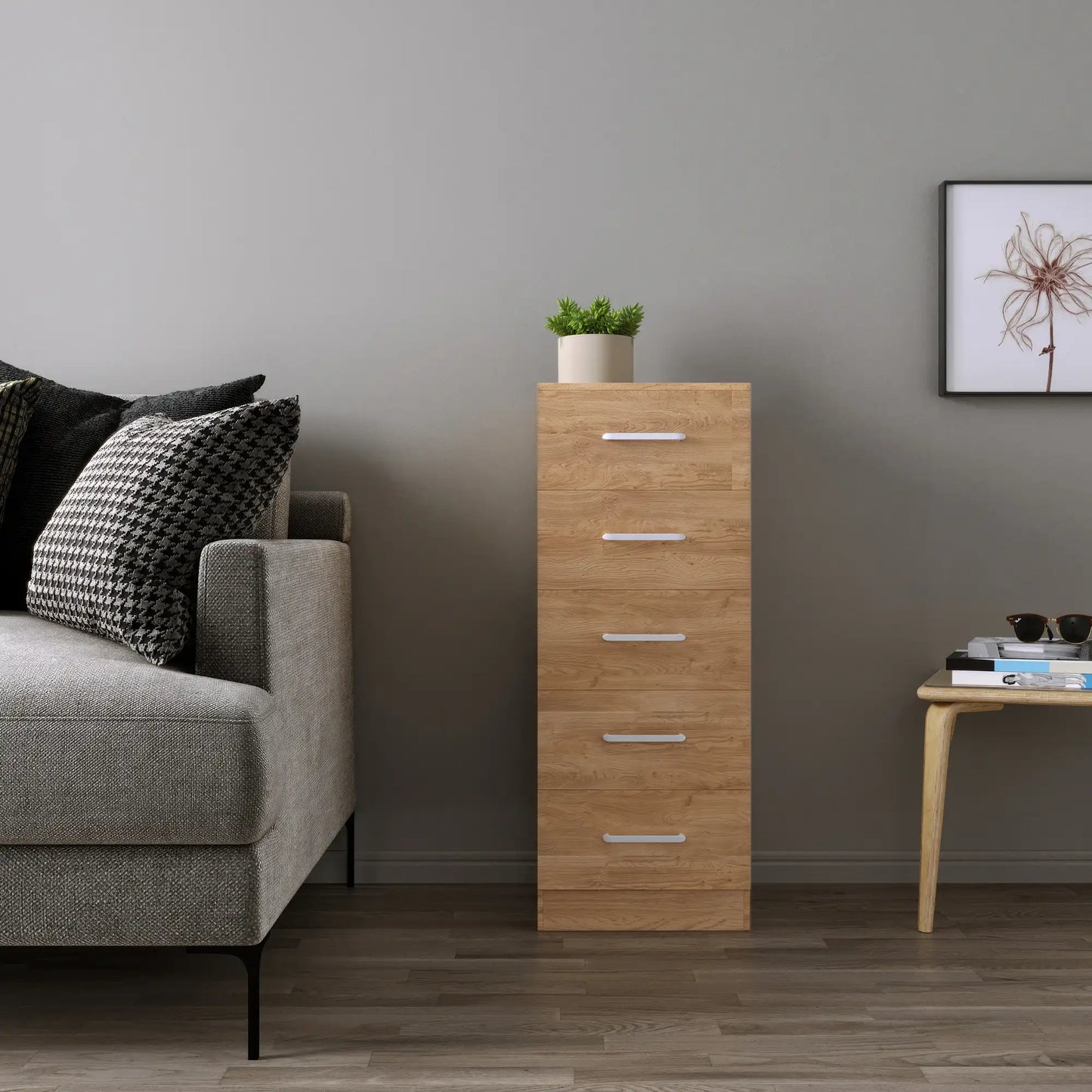 Dakota 5 Drawer Narrow Chest   Oak Effect 2024  D03