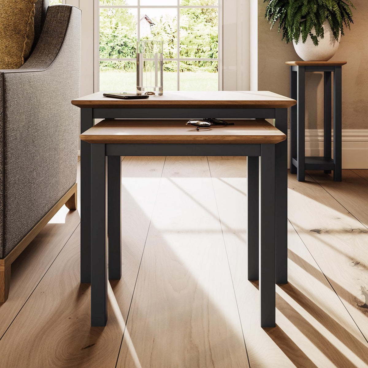Taberno Oak Nest Of 2 Tables Graphite Blue