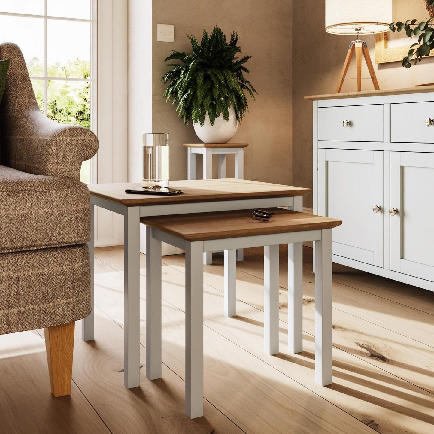 Taberno Oak Nest Of 2 Tables Linen White