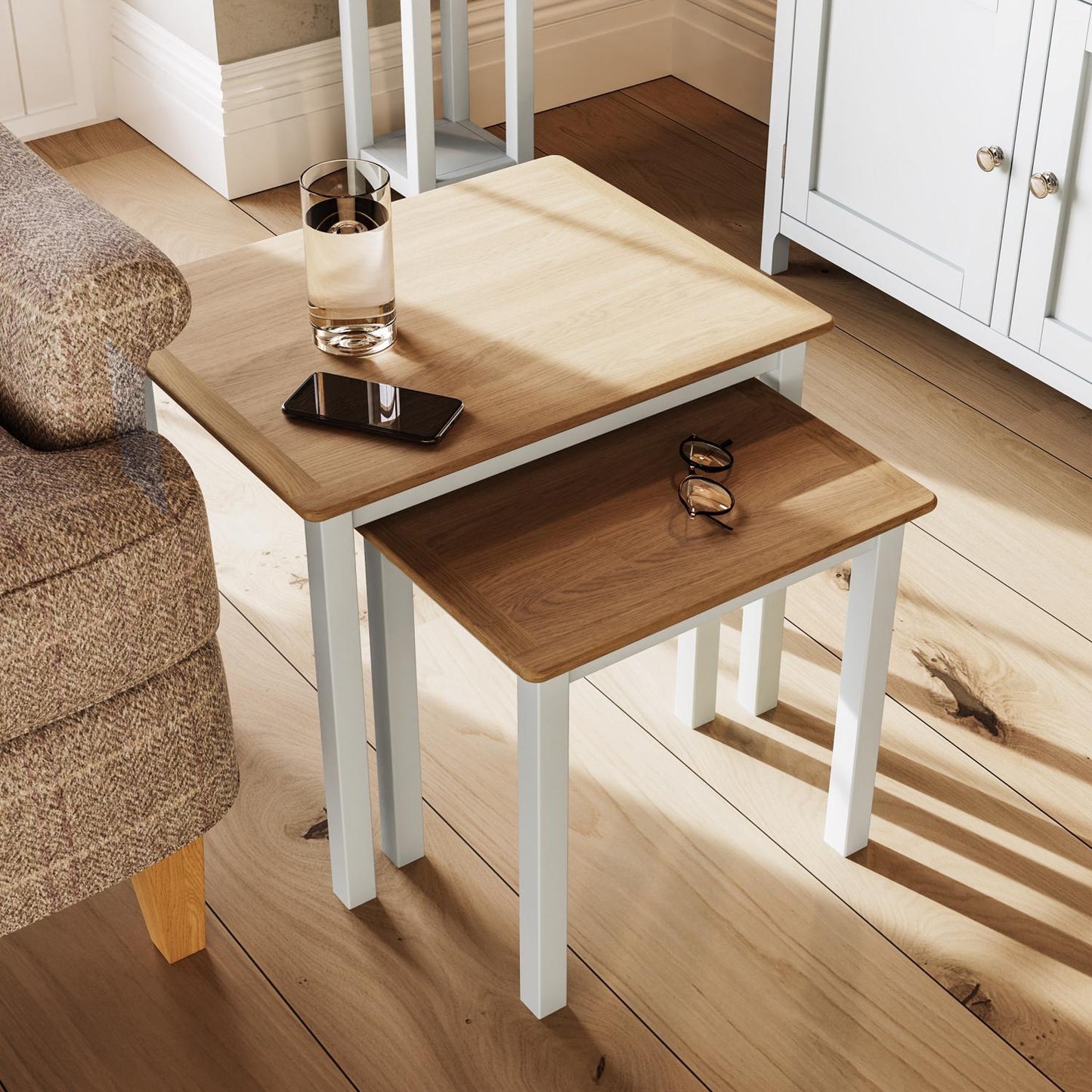 Taberno Oak Nest Of 2 Tables Linen White
