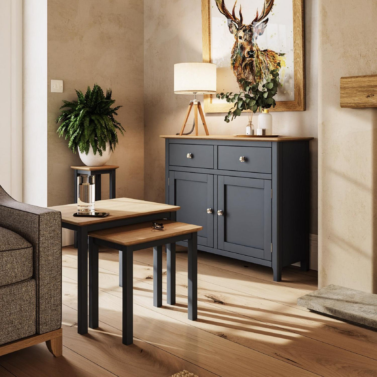 Taberno Oak Nest Of 2 Tables Graphite Blue