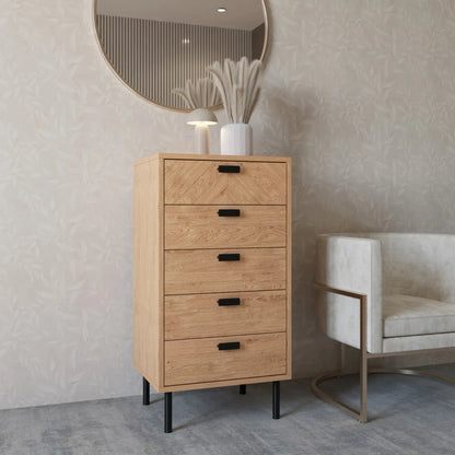Leon 5 Drawer Narrow Chest   Medium Oak Effect 2023  08 Dx
