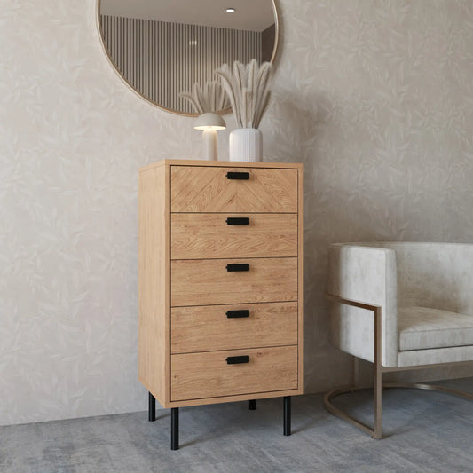 Leon 5 Drawer Narrow Chest   Medium Oak Effect 2023  08 Dx