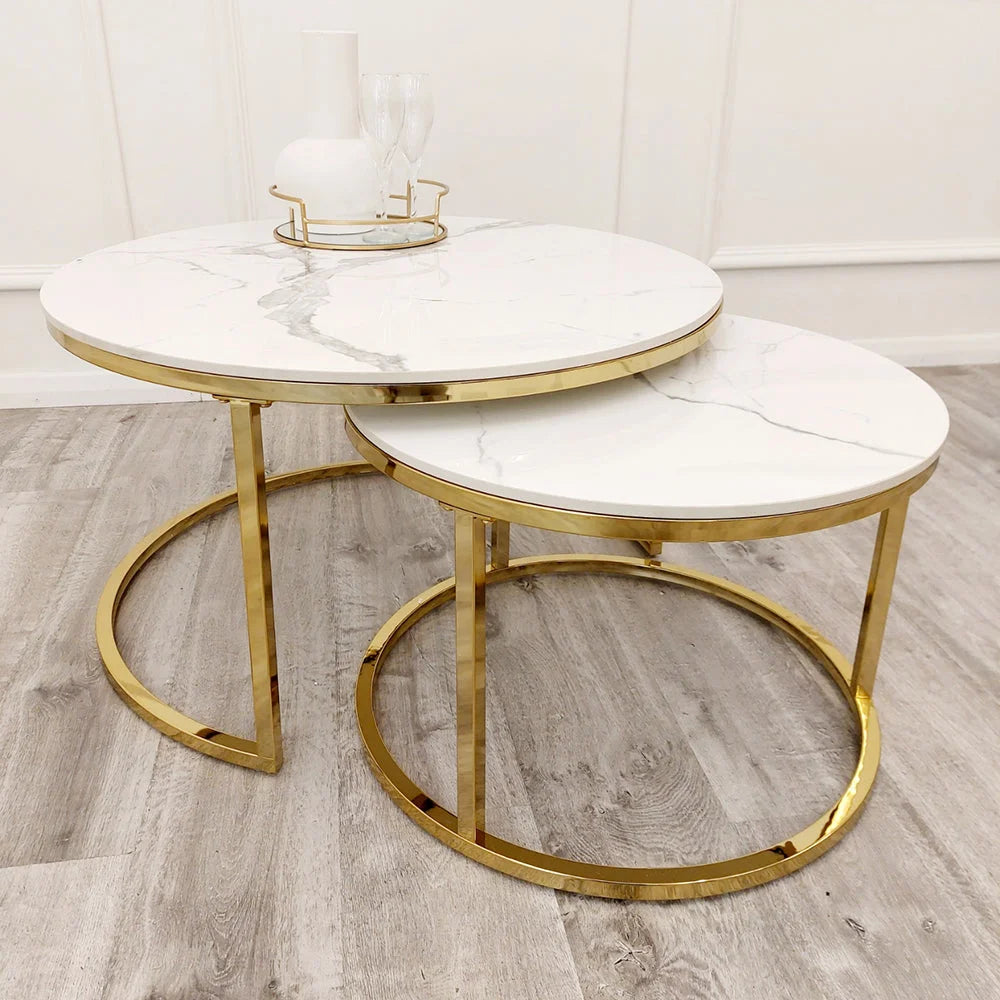 Cato Nest of 2 Short Round Coffee Gold Tables with Polar White Sintered Stone Tops