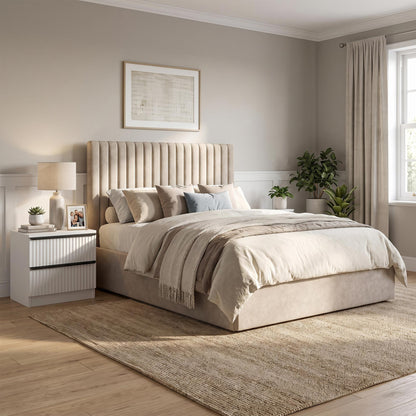 Sollom King Size Tall Ottoman Storage Bedframe - Marbled Sand Fabric