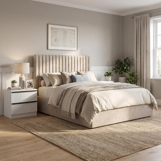Sollom Double Size Tall Ottoman Storage Bedframe - Marbled Sand Fabric