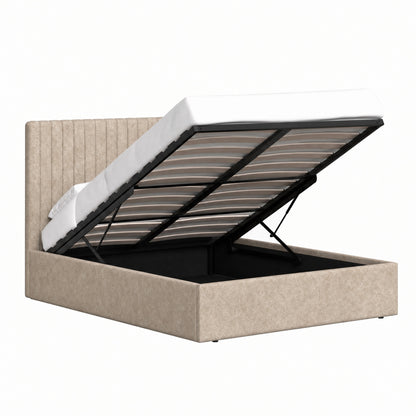 Sollom King Size Tall Ottoman Storage Bedframe - Marbled Sand Fabric