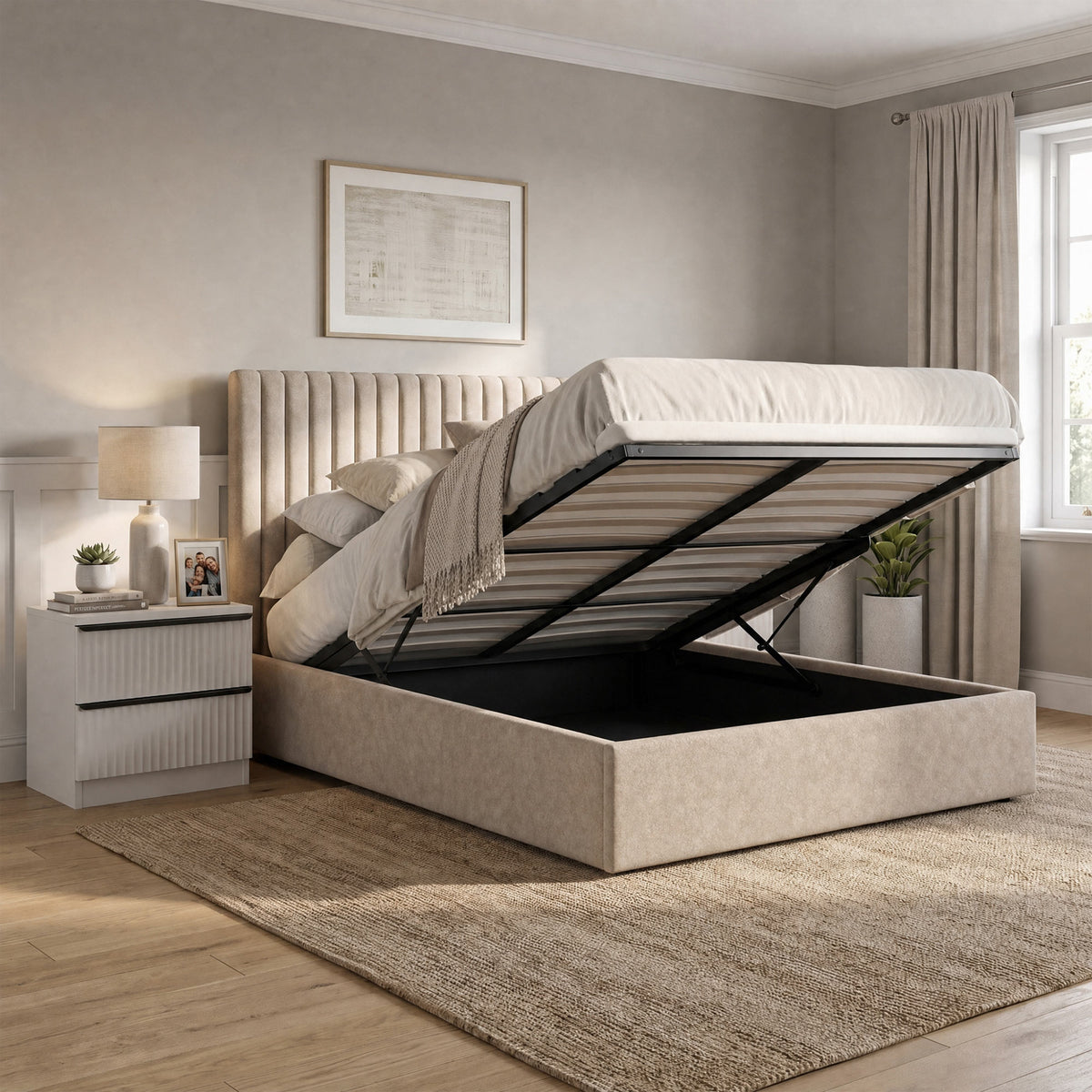 Sollom King Size Tall Ottoman Storage Bedframe - Marbled Sand Fabric
